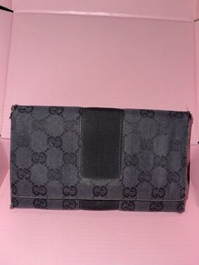 Gucci Black GG Monogram Canvas Fold Wallet with Snap Closure